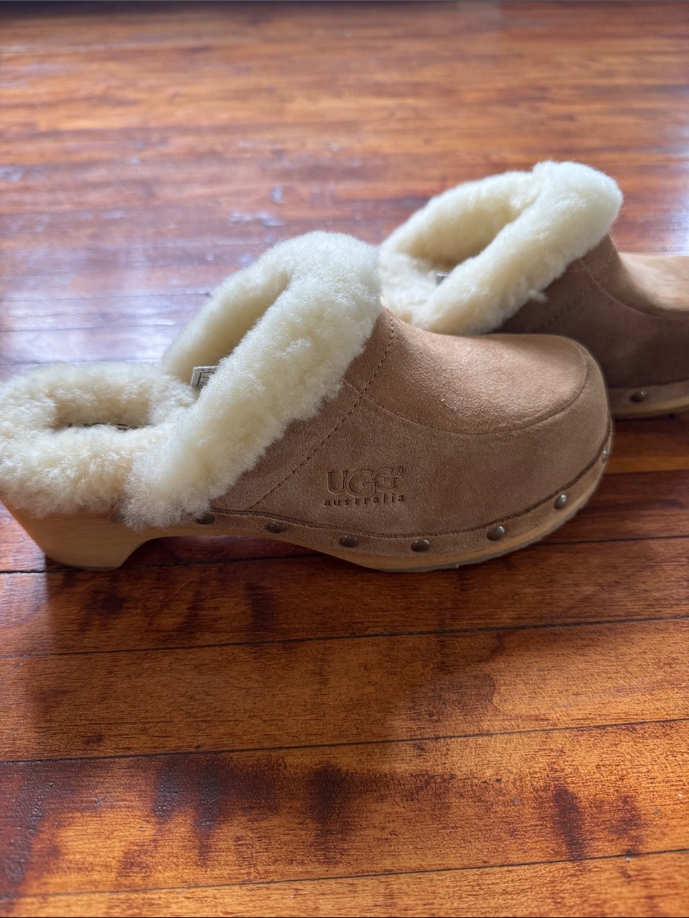 UGG Kids Chestnut Suede Clog with Cream Shearling Trim